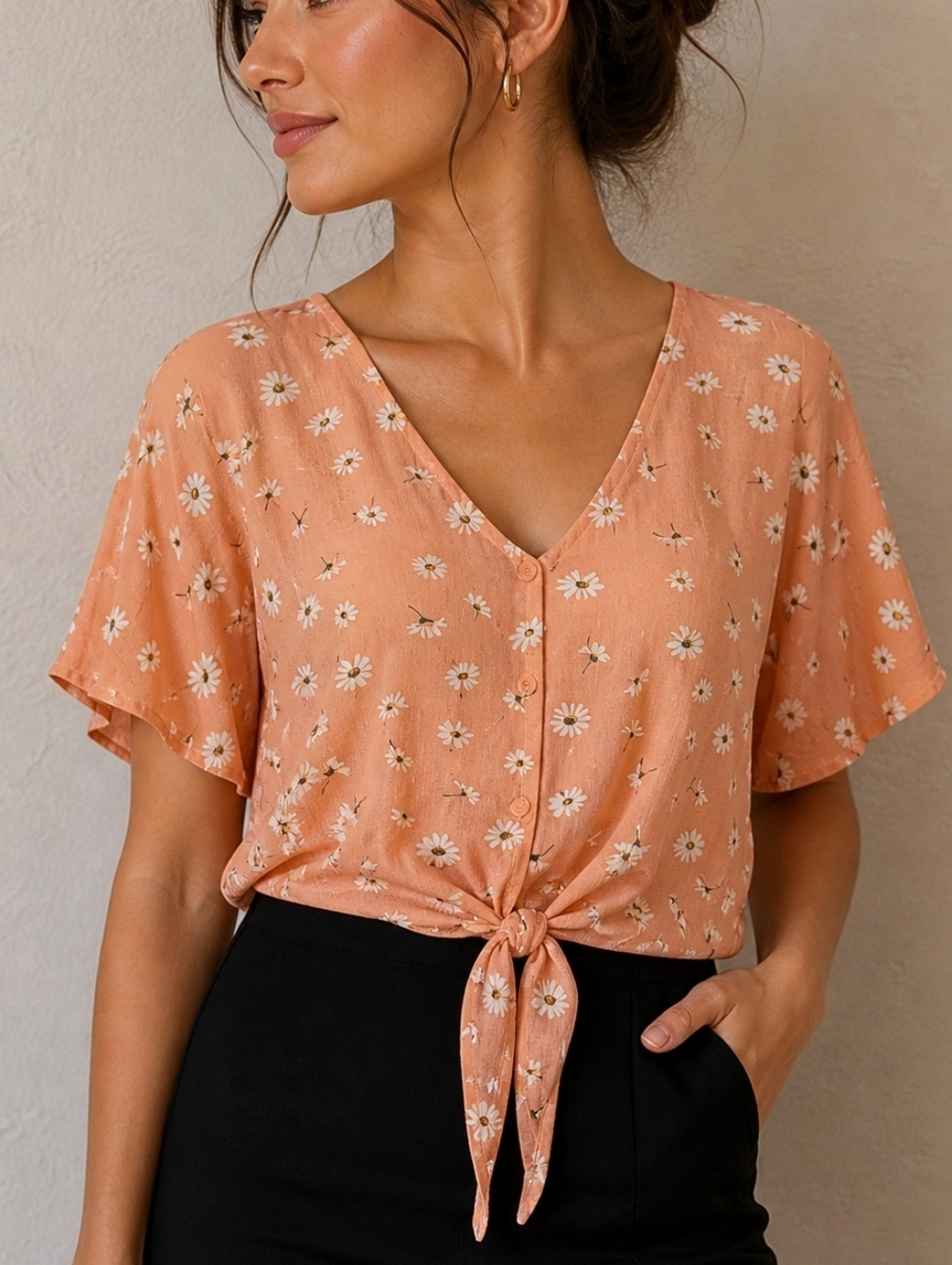 SIM & SAM Peach Daisy Print Cropped Tie Waist Coquette Blouse XL